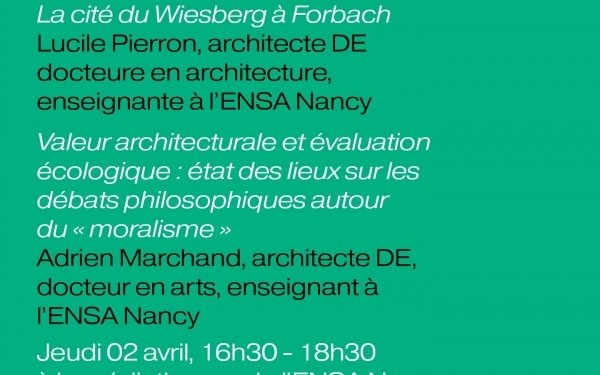 Séance du séminaire de recherche du LHAC, laboratoire histoire humanités architecture contemporanéité de l'école d'architecture de Nancy, coordonné par les enseignants chercheurs Émeline Curien, Federico Diodato et David Malaud.
Les discussions porteront sur les présentations des travaux de Lucile Pierron - Désordre apparent, ordre caché selon Émile Aillaud. La cité du Wiesberg à Forbach - et Adrien Marchand - Valeur architecturale et évaluation écologique : état des lieux sur les débats philosophiques autour du « moralisme ».
#enseignementsuperieur #architecture #teamarchi #recherche #patrimoine #scienceshumaines @culture_gouv